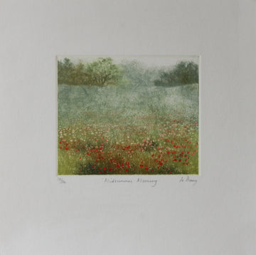 Hand colored etching of flower meadow landscape.