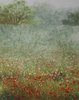 Hand colored etching of flower meadow landscape.