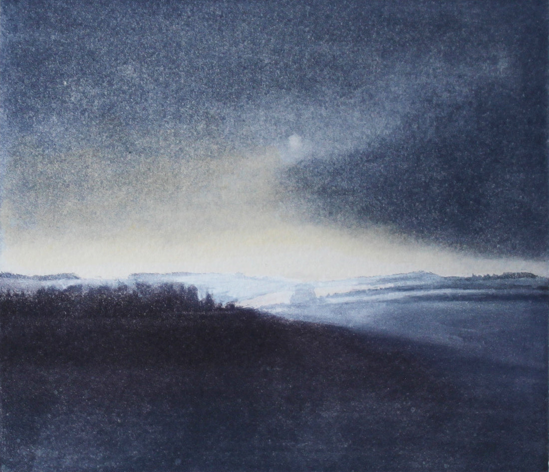 Hand colored etching of landscape in blue tones.