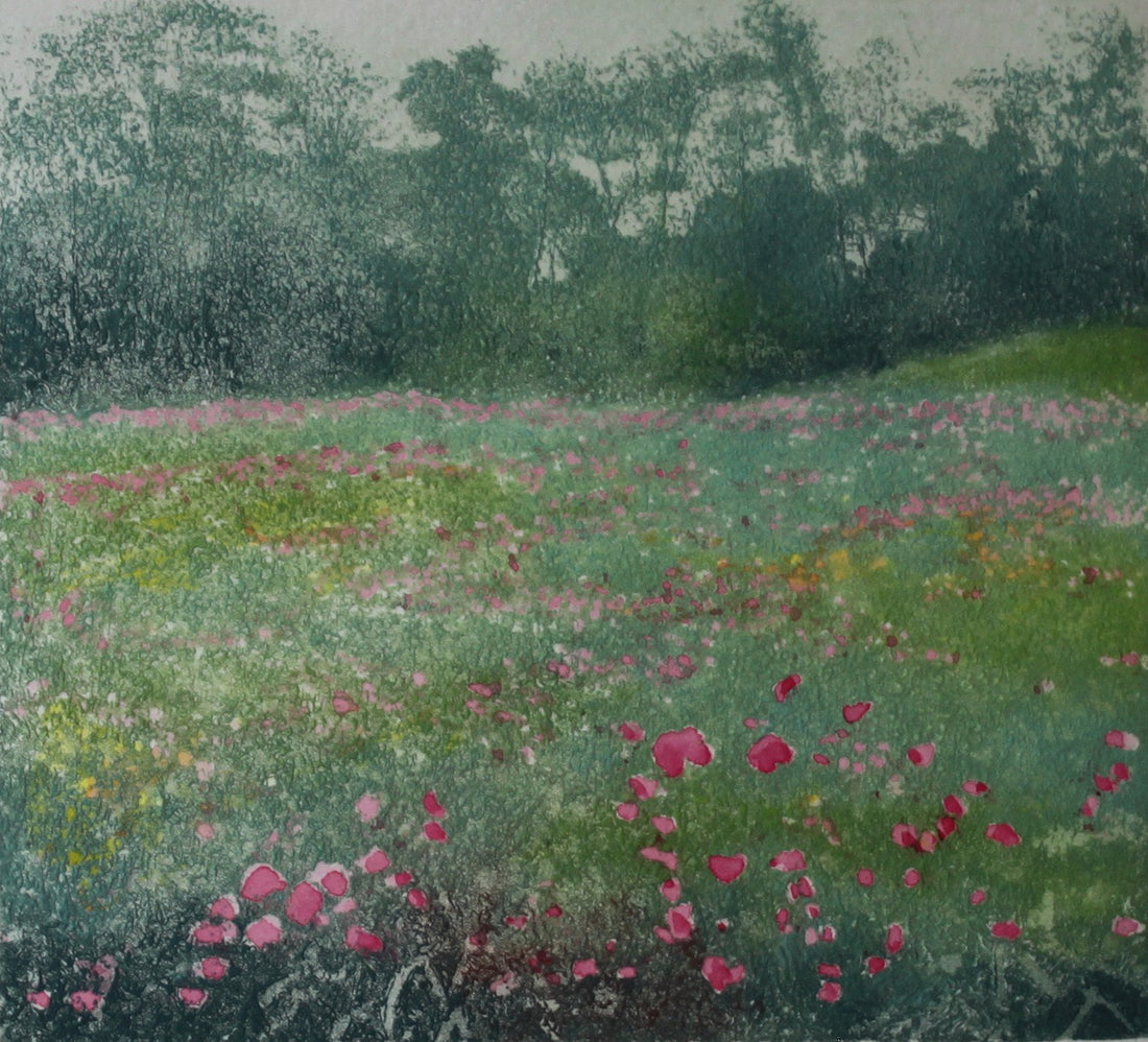 Hand colored etching of flower meadow landscape.