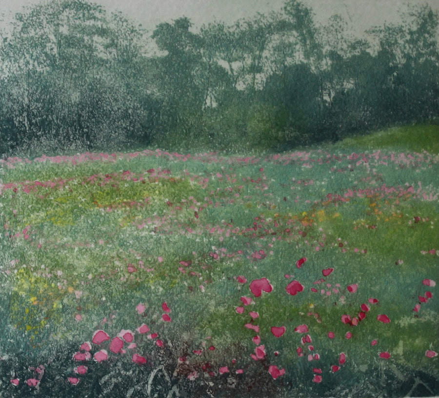 Hand colored etching of flower meadow landscape.
