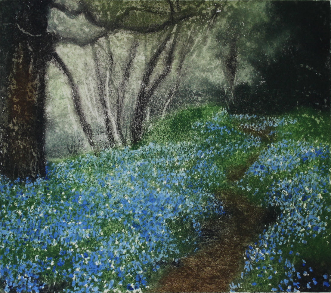 Hand colored etching of forrest and blue flowers on the ground.