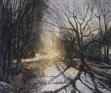 Hand colored etching of wintery dirt road during golden hour. 
