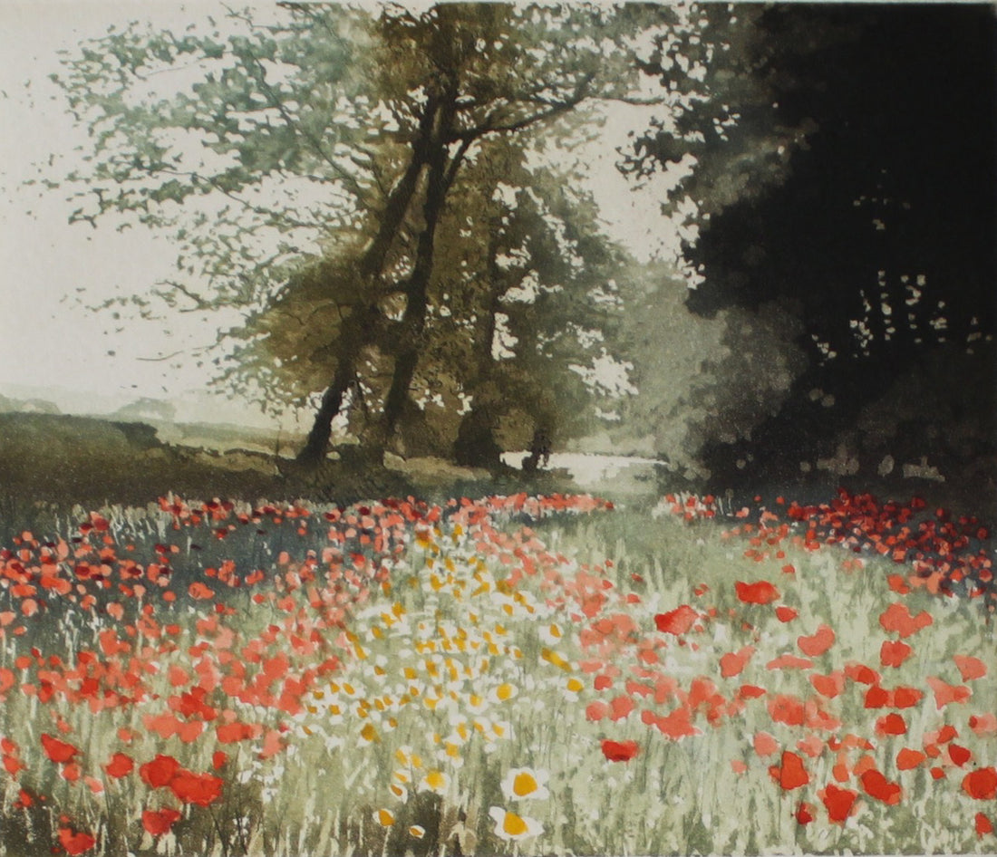 Hand colored etching of flower meadow and trees landscape.