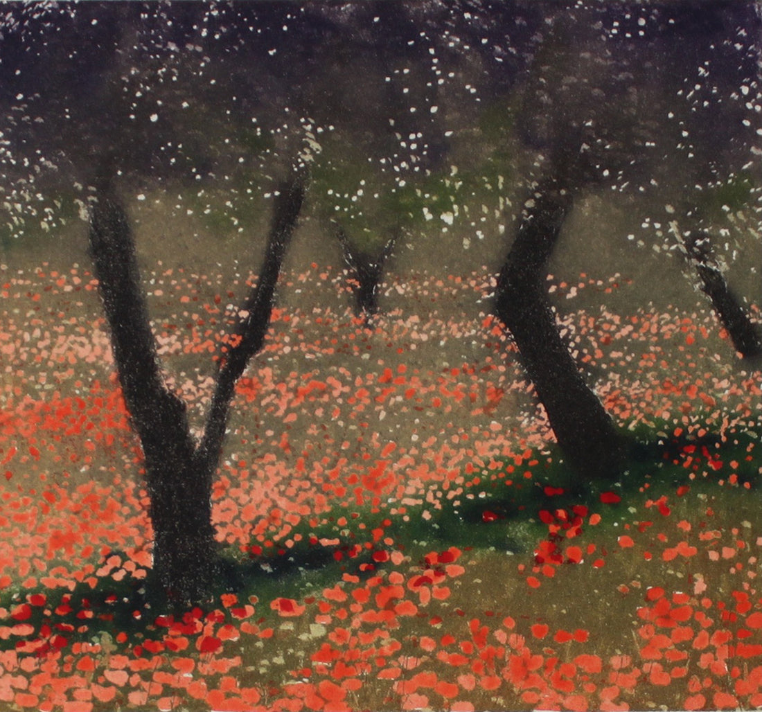 Hand colored etching of red flowers and trees. 