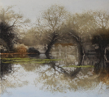 Hand colored etching landscape of flooded field with trees.