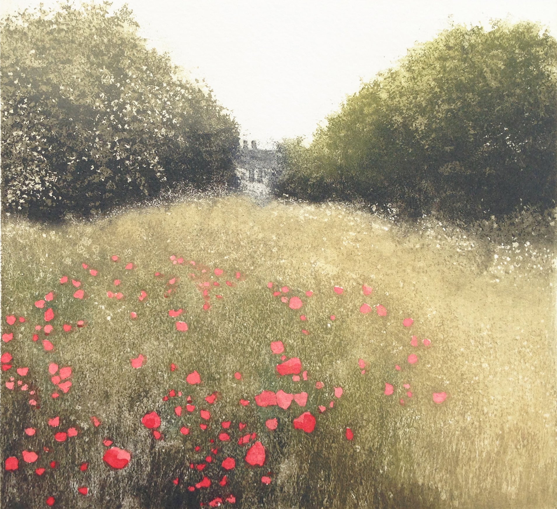 Hand colored etching of flowering meadow landscape.