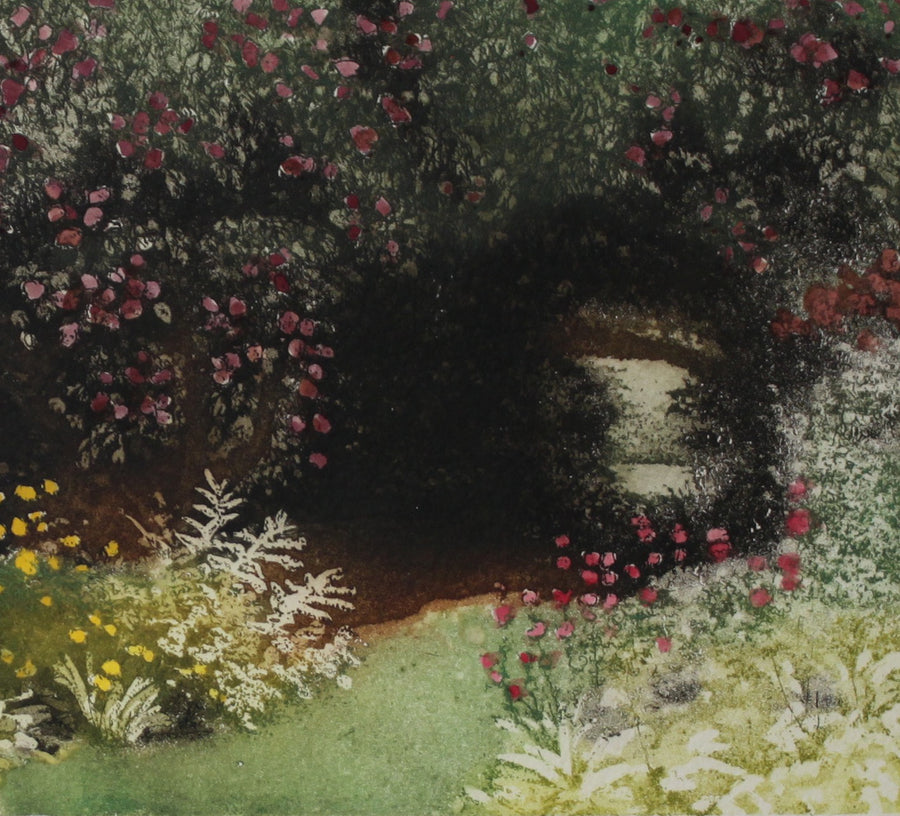 Hand colored etching of flower garden.