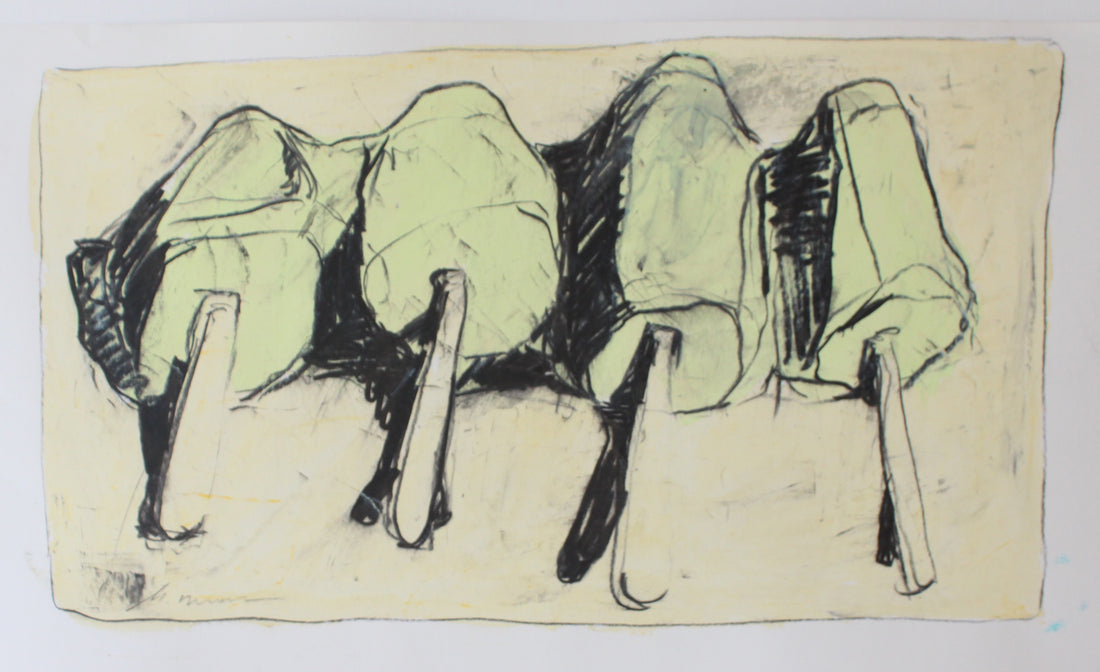 Oil crayon drawing of four light green popcicles.