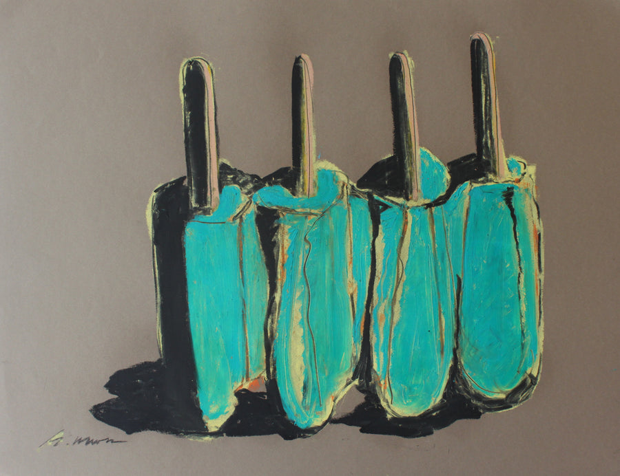 Oil pastel drawing of four teal popsicles.