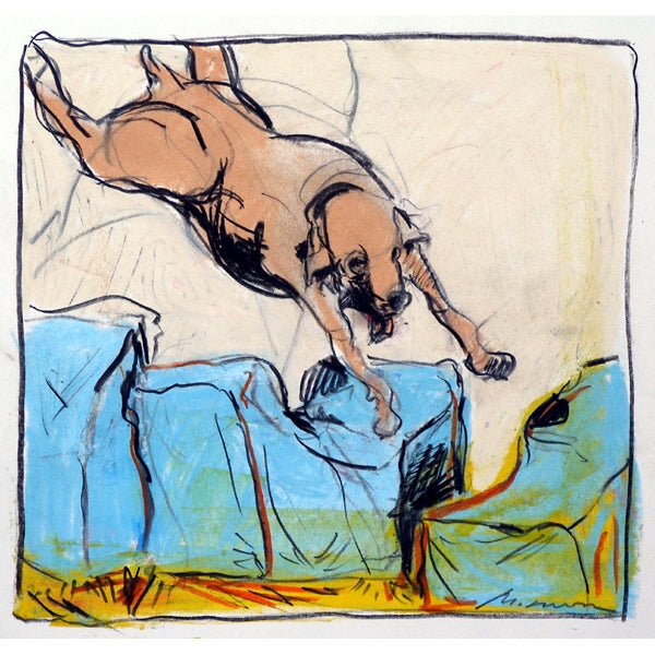 Colorful oil pastel drawing of a dog jumping.
