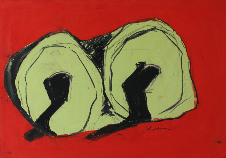 Oil pastel drawing of two lime green popsicles, against red background.