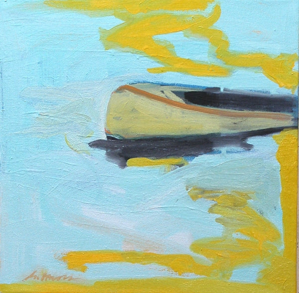 Colorful abstracted oil painting of a small boat in the water.