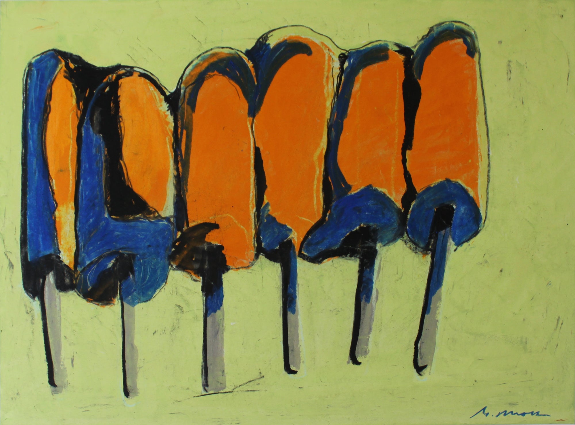 Oil pastel drawing of orange popsicles against green background.