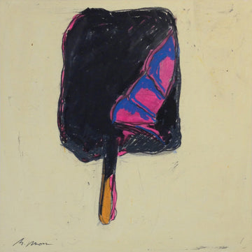 Oil pastel drawing of a pink and blue popsicle.
