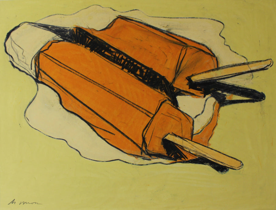 Oil pastel drawing of two orange popsicles.