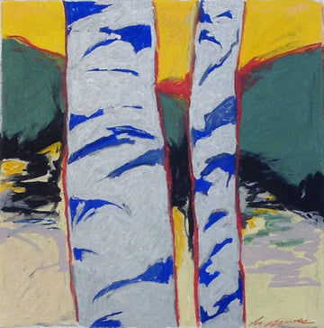 Colorful oil pastel drawing of two birch tree trunks.