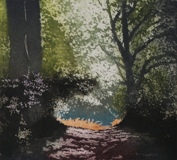 Hand colored etching of a forest footpath with a clearing at the end. 
