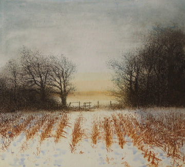 Hand colored etching of snowy corn field in muted tones.