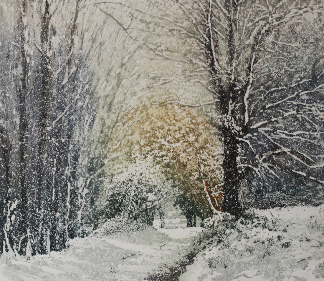 Hand colored etching of snowy forrest.