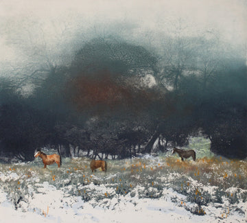Hand colored etching of winter landscape with horses grazing.