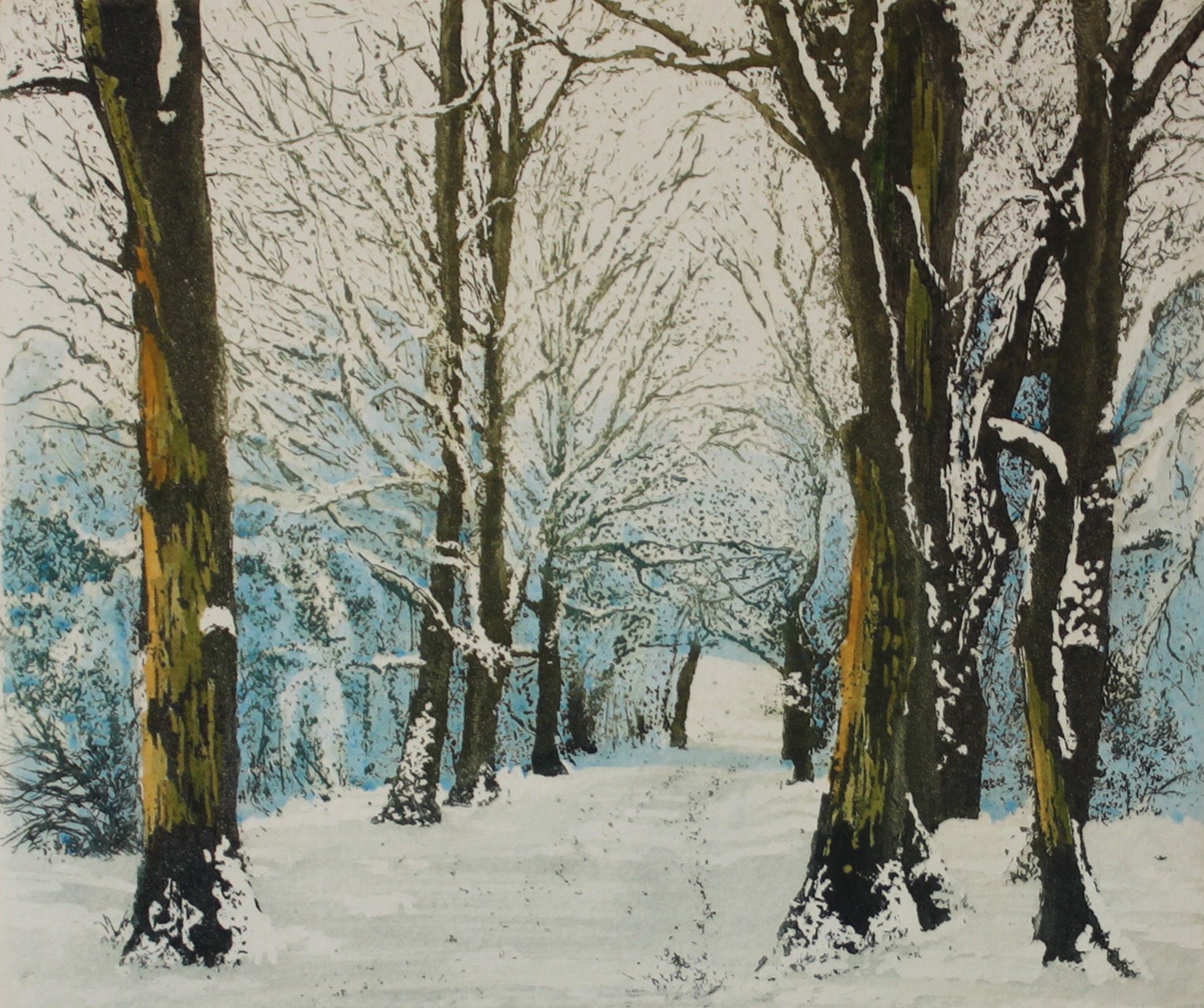 Hand colored etching of snowy forest.