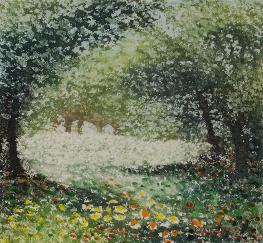 Hand colored etching of flowering meadow and trees.