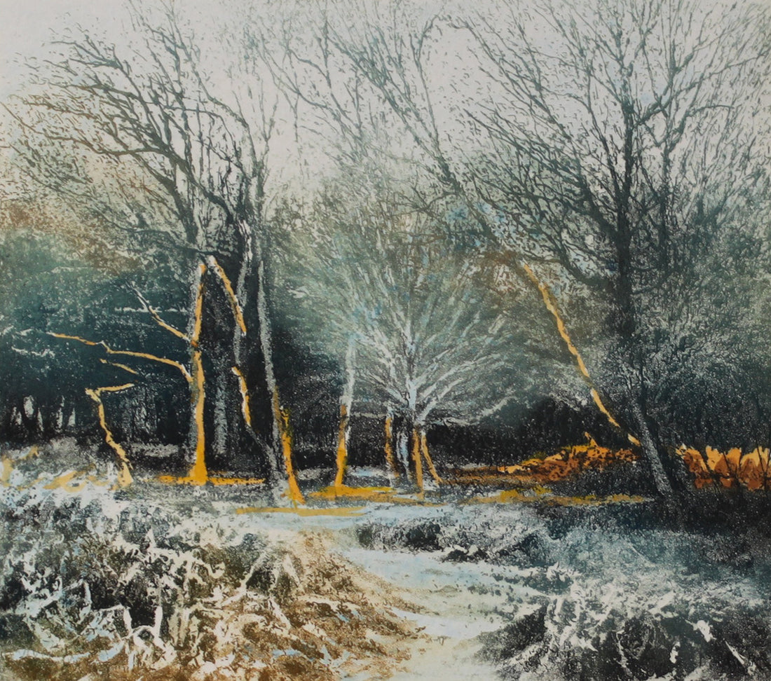Hand colored etching of snowy trees in golden light.