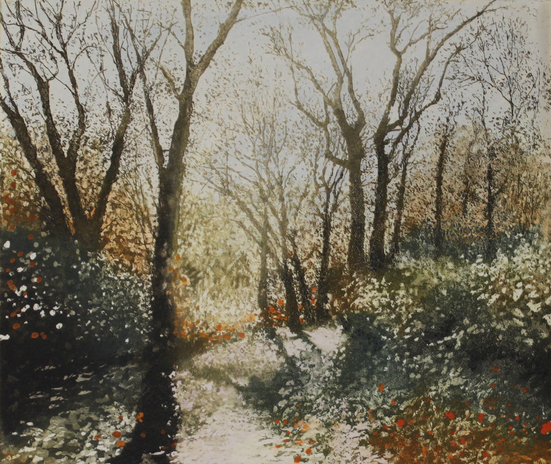 Hand colored etching of a forrest path with flowers in golden light.